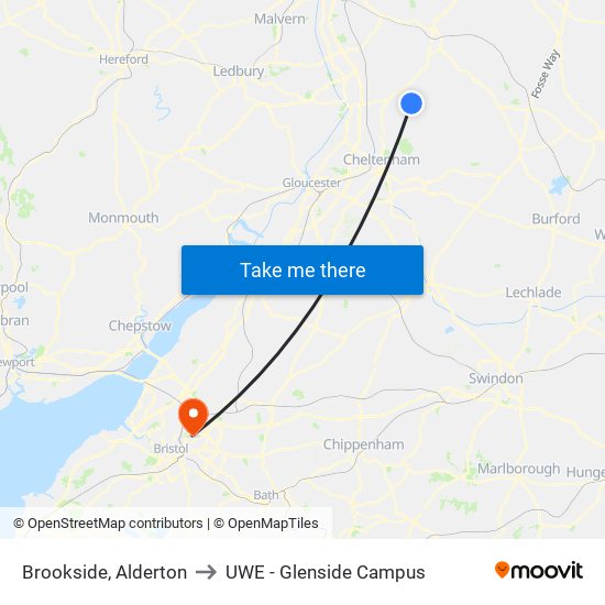 Brookside, Alderton to UWE - Glenside Campus map