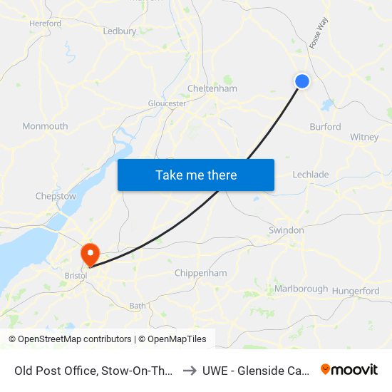 Old Post Office, Stow-On-The-Wold to UWE - Glenside Campus map