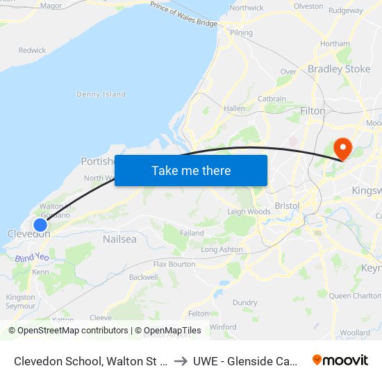 Clevedon School, Walton St Mary to UWE - Glenside Campus map