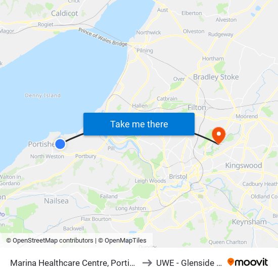 Marina Healthcare Centre, Portishead Harbour to UWE - Glenside Campus map