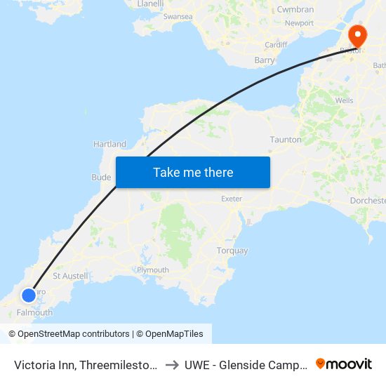 Victoria Inn, Threemilestone to UWE - Glenside Campus map