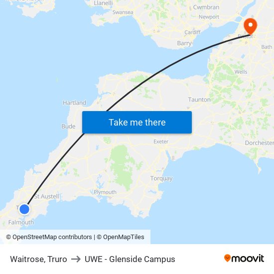 Waitrose, Truro to UWE - Glenside Campus map