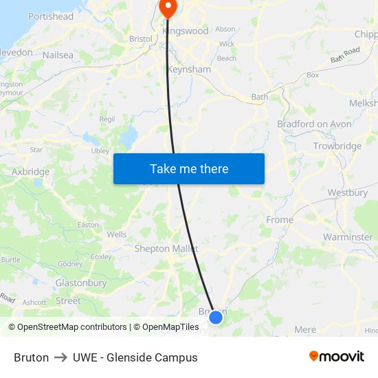Bruton to UWE - Glenside Campus map