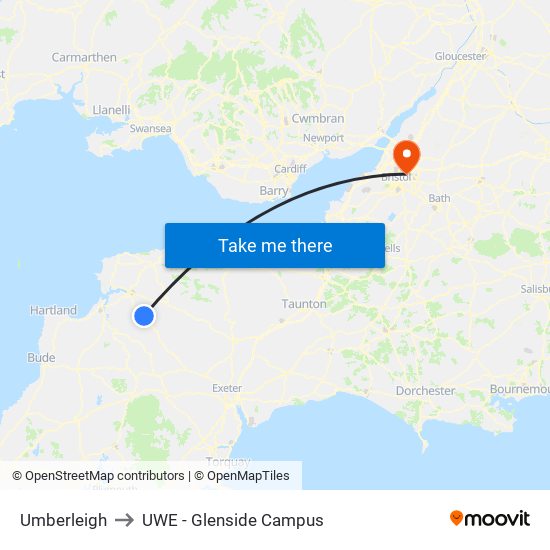 Umberleigh to UWE - Glenside Campus map