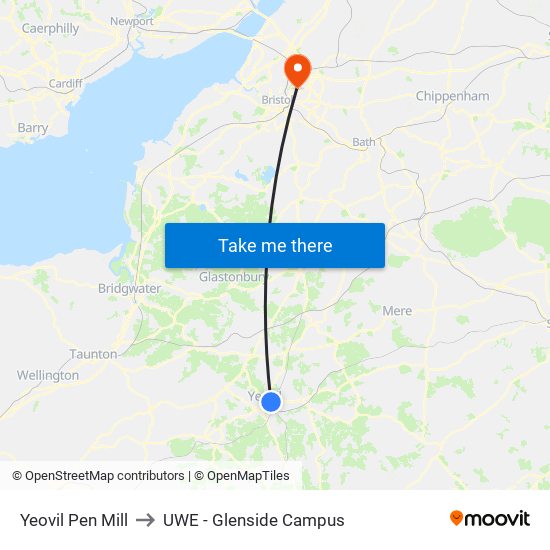 Yeovil Pen Mill to UWE - Glenside Campus map