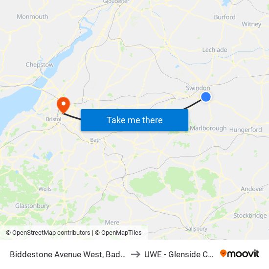 Biddestone Avenue West, Badbury Park to UWE - Glenside Campus map