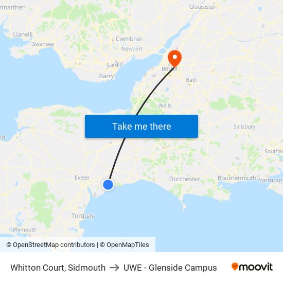 Whitton Court, Sidmouth to UWE - Glenside Campus map