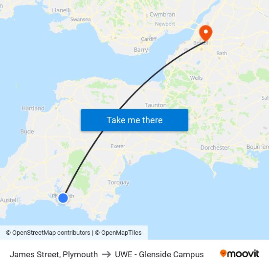 James Street, Plymouth to UWE - Glenside Campus map