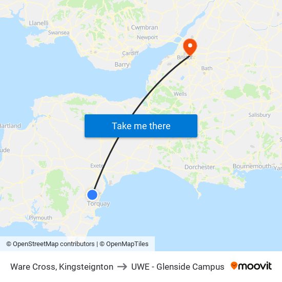 Ware Cross, Kingsteignton to UWE - Glenside Campus map