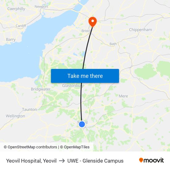 Yeovil Hospital, Yeovil to UWE - Glenside Campus map