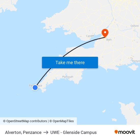 Alverton, Penzance to UWE - Glenside Campus map