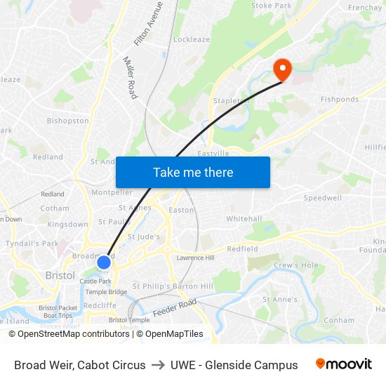 Broad Weir, Cabot Circus to UWE - Glenside Campus map