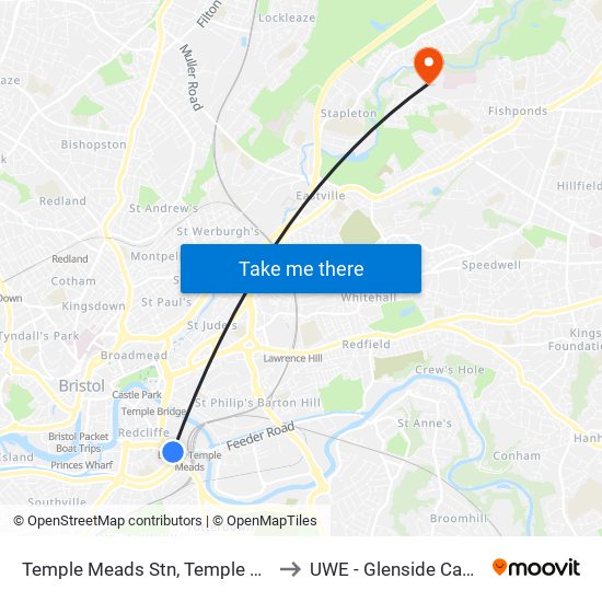 Temple Meads Stn, Temple Meads to UWE - Glenside Campus map