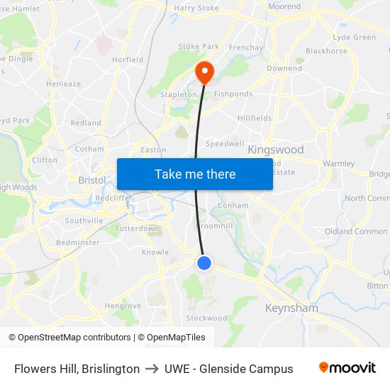 Flowers Hill, Brislington to UWE - Glenside Campus map