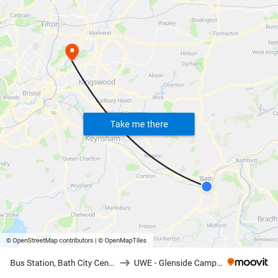 Bus Station, Bath City Centre to UWE - Glenside Campus map