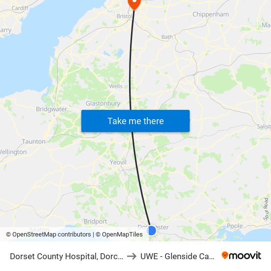 Dorset County Hospital, Dorchester to UWE - Glenside Campus map