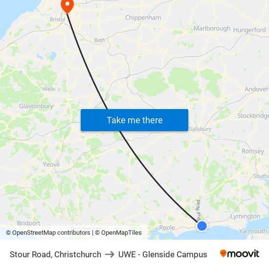 Stour Road, Christchurch to UWE - Glenside Campus map