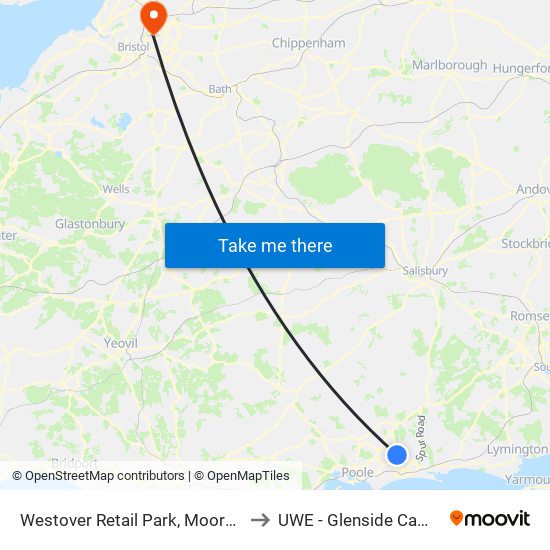 Westover Retail Park, Moordown to UWE - Glenside Campus map