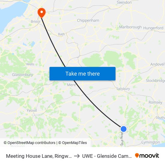 Meeting House Lane, Ringwood to UWE - Glenside Campus map