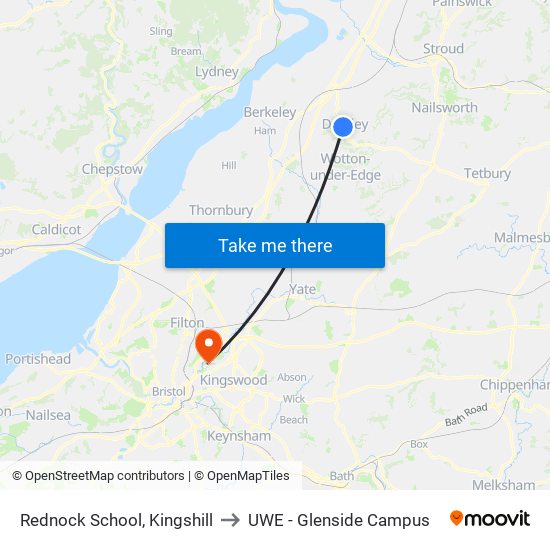 Rednock School, Kingshill to UWE - Glenside Campus map