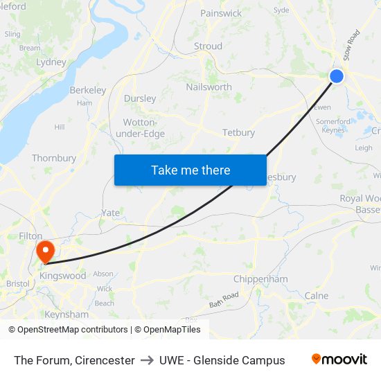 The Forum, Cirencester to UWE - Glenside Campus map