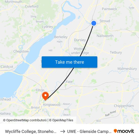 Wycliffe College, Stonehouse to UWE - Glenside Campus map