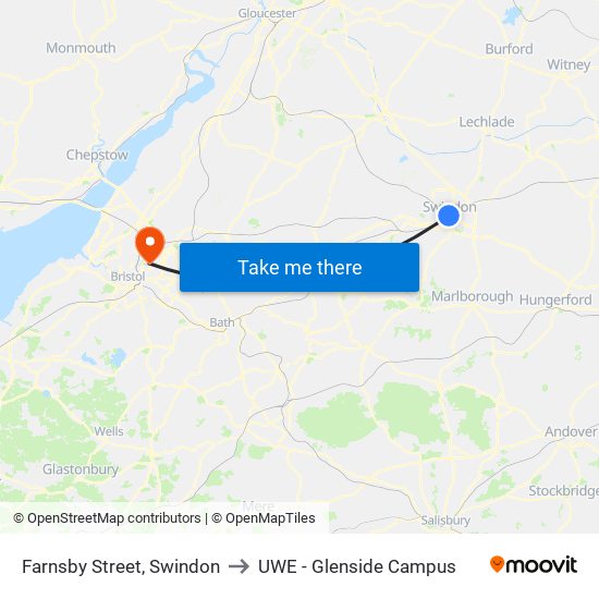 Farnsby Street, Swindon to UWE - Glenside Campus map