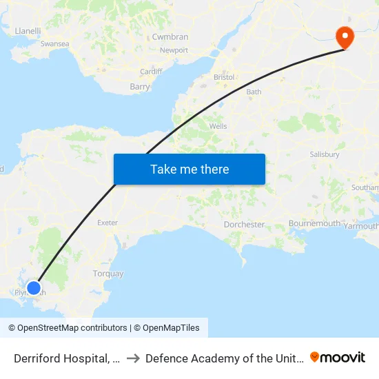 Derriford Hospital to Defence Academy of the United Kingdom map