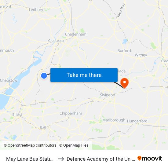May Lane Bus Station, Dursley to Defence Academy of the United Kingdom map
