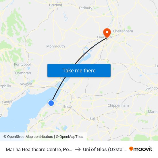 Marina Healthcare Centre, Portishead Harbour to Uni of Glos (Oxstalls) Campus map