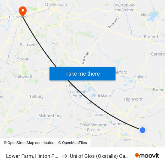 Lower Farm, Hinton Parva to Uni of Glos (Oxstalls) Campus map