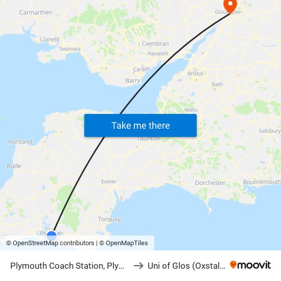 Plymouth Coach Station, Plymouth City Centre to Uni of Glos (Oxstalls) Campus map