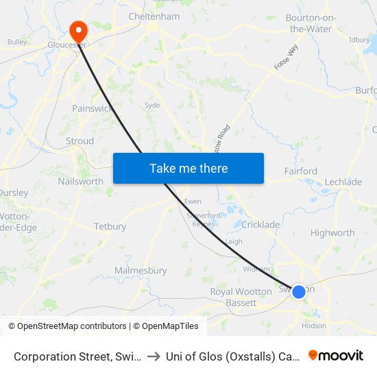 Corporation Street, Swindon to Uni of Glos (Oxstalls) Campus map