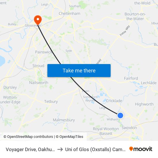 Voyager Drive, Oakhurst to Uni of Glos (Oxstalls) Campus map