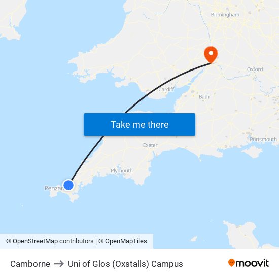 Camborne to Uni of Glos (Oxstalls) Campus map