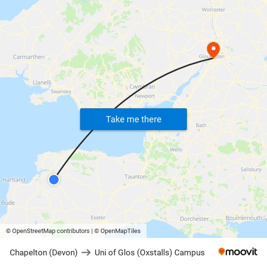 Chapelton (Devon) to Uni of Glos (Oxstalls) Campus map