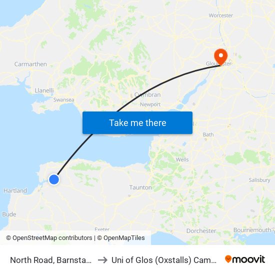 North Road, Barnstaple to Uni of Glos (Oxstalls) Campus map