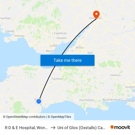 R D & E Hospital, Wonford to Uni of Glos (Oxstalls) Campus map