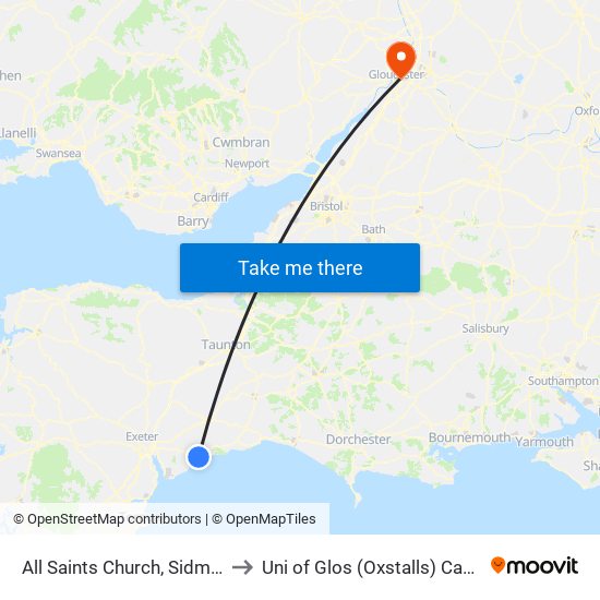 All Saints Church, Sidmouth to Uni of Glos (Oxstalls) Campus map