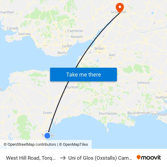 West Hill Road, Torquay to Uni of Glos (Oxstalls) Campus map