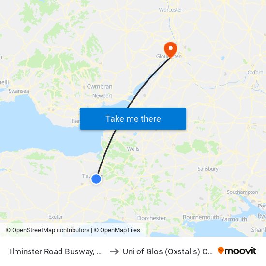 Ilminster Road Busway, Taunton to Uni of Glos (Oxstalls) Campus map