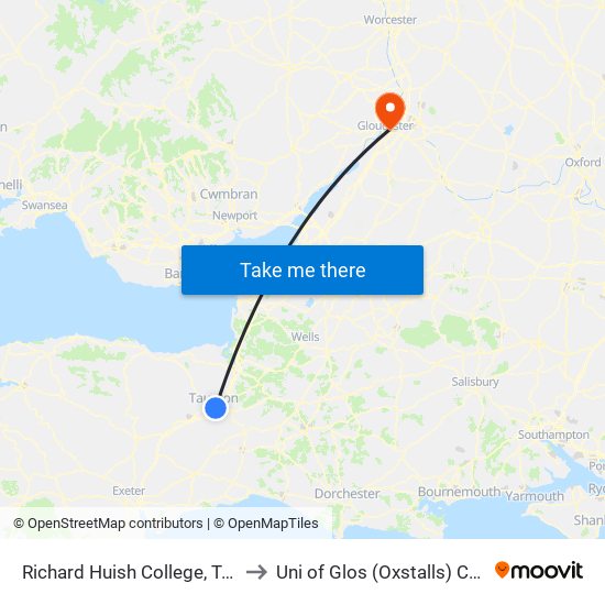 Richard Huish College, Taunton to Uni of Glos (Oxstalls) Campus map