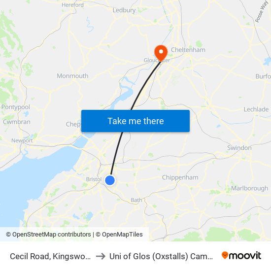 Cecil Road, Kingswood to Uni of Glos (Oxstalls) Campus map