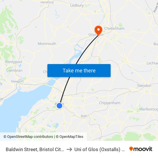 Baldwin Street, Bristol City Centre to Uni of Glos (Oxstalls) Campus map