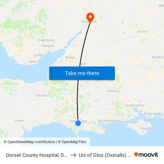 Dorset County Hospital, Dorchester to Uni of Glos (Oxstalls) Campus map