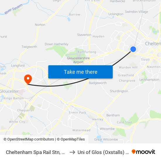 Cheltenham Spa Rail Stn, Lansdown to Uni of Glos (Oxstalls) Campus map