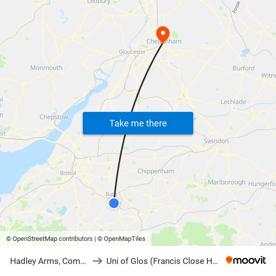 Hadley Arms, Combe Down to Uni of Glos (Francis Close Hall) Campus map