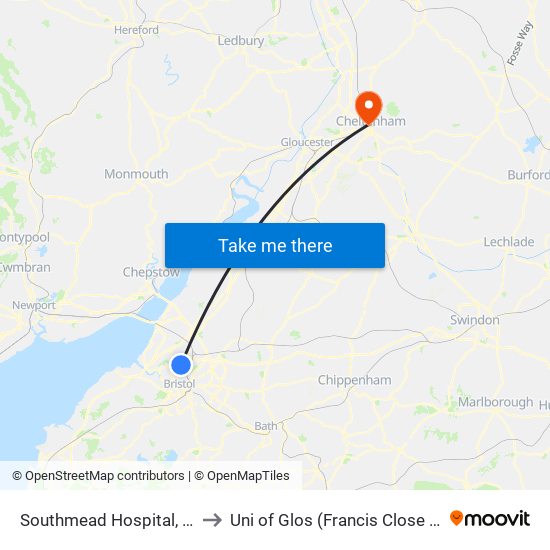 Southmead Hospital, Southmead to Uni of Glos (Francis Close Hall) Campus map