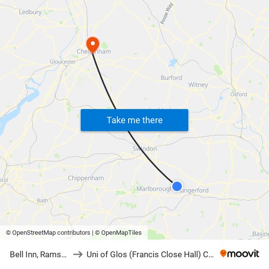 Bell Inn, Ramsbury to Uni of Glos (Francis Close Hall) Campus map