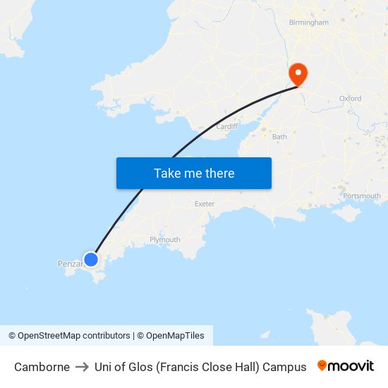 Camborne to Uni of Glos (Francis Close Hall) Campus map